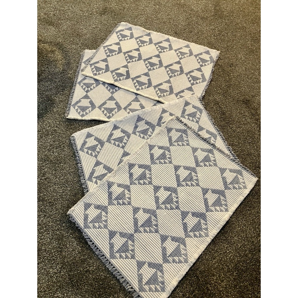 Set Of 4 Moroccan Pattern Fabric Placemats Blue White Fringe Edge‎